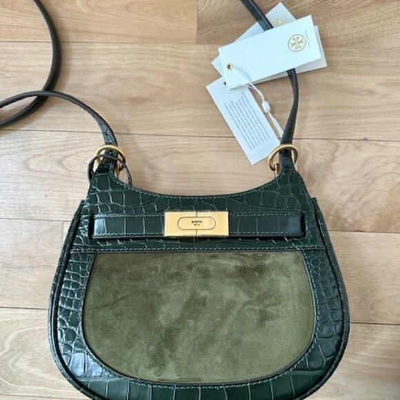 GIFT NEW TORY BURCH LEE RADZIWILL KELP GREEN CROSSBODY CROC LEATHER SUEDE $658 - Picture 13 of 16